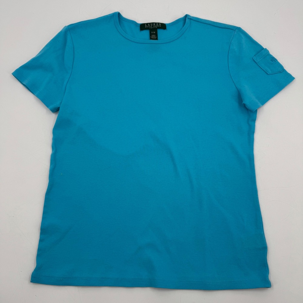 Lauren Ralph Lauren Petite Top Tee Shirt Cotton‎ Short Sleeve Pocket Blue P/M